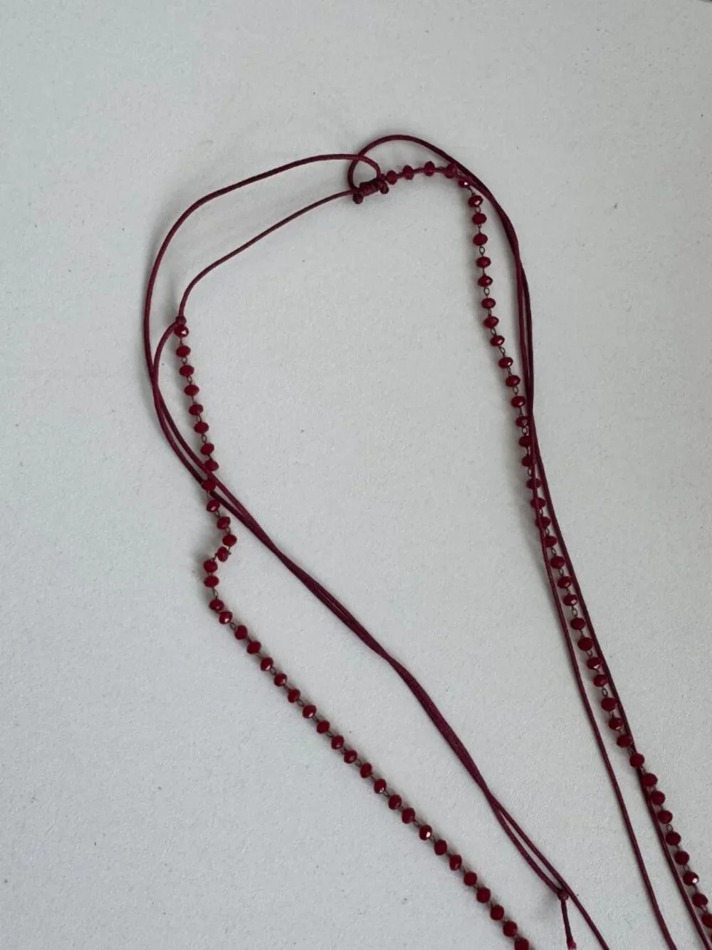Padre Nuestro Prayer Tassel Pendant Necklace Adjustable Boho Burgundy
